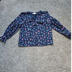 LOFT Petite Navy Blue Floral Lace Up V Neck Long Sleeve Blouse Top XS